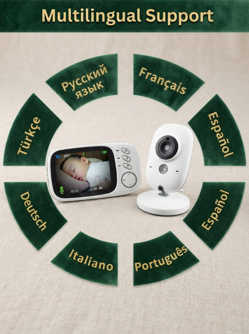 A digital baby monitor screen showing a clear night vision view of a sleeping baby on a bedside table in a dimly lit bedroom.